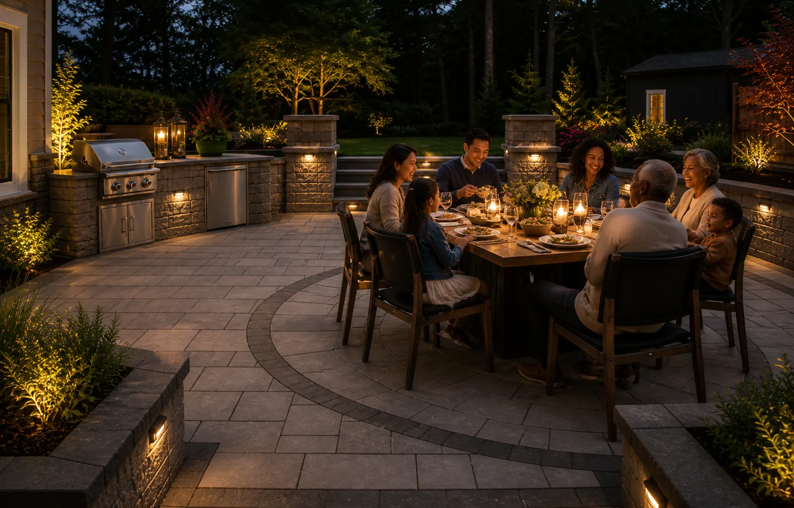 Family gathering around an elegant outdoor dining area