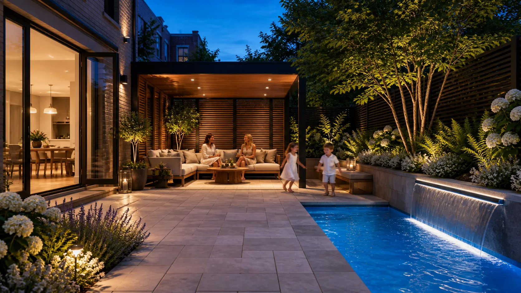 Chic planted pool garden with pale paving and refined outdoor furniture