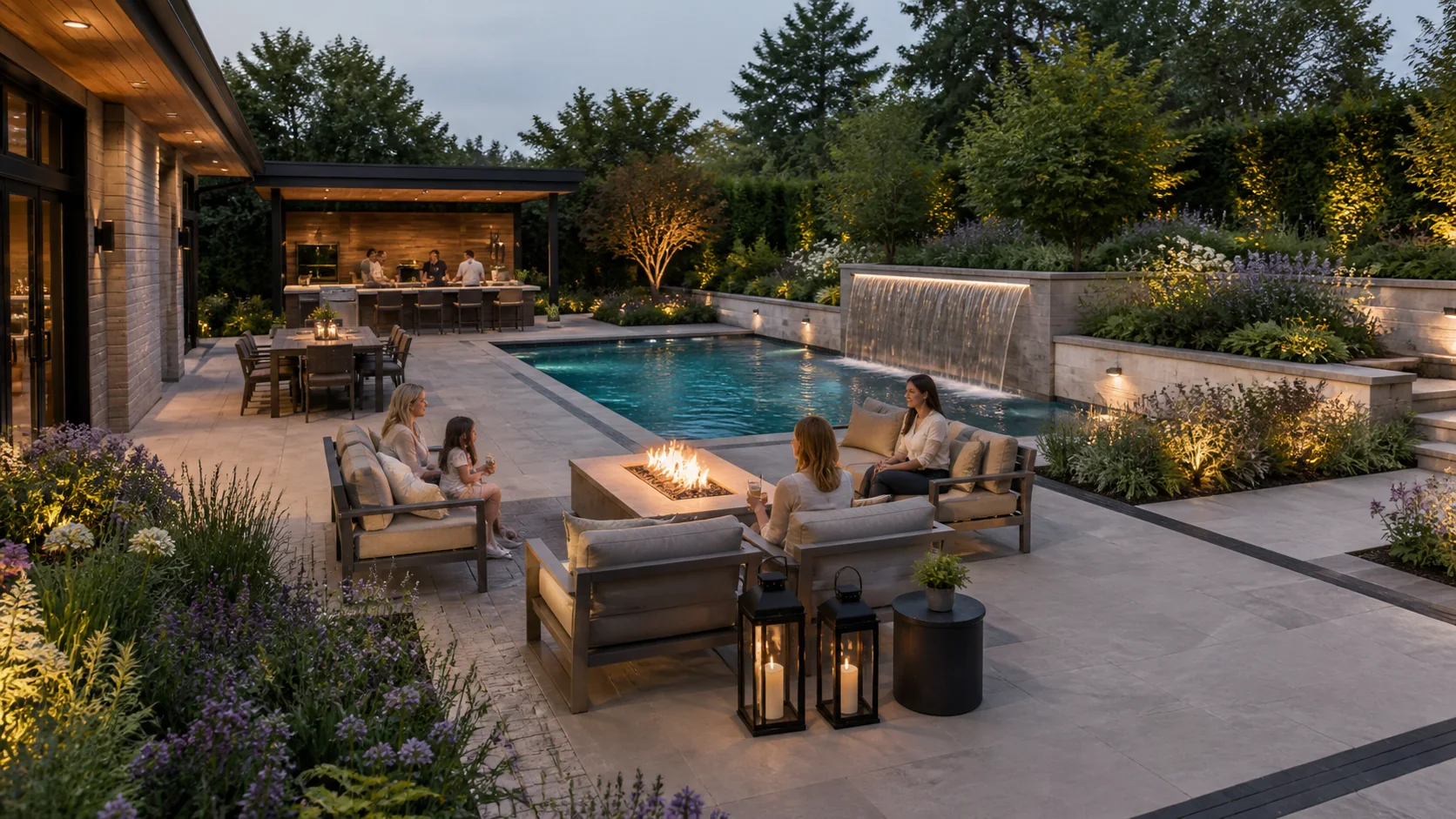 Luxury pool terrace with pale pavers, flowering landscape, and evening seating