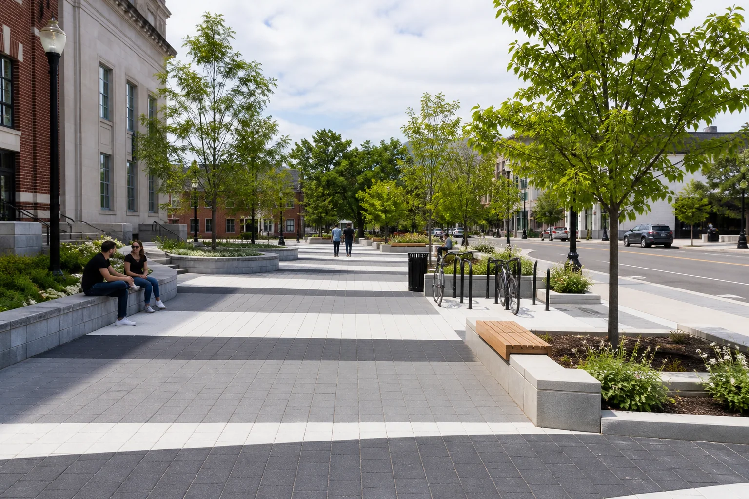 Accessible civic plaza with charcoal, white, and slate pavers, trees, seating, and bicycle parking