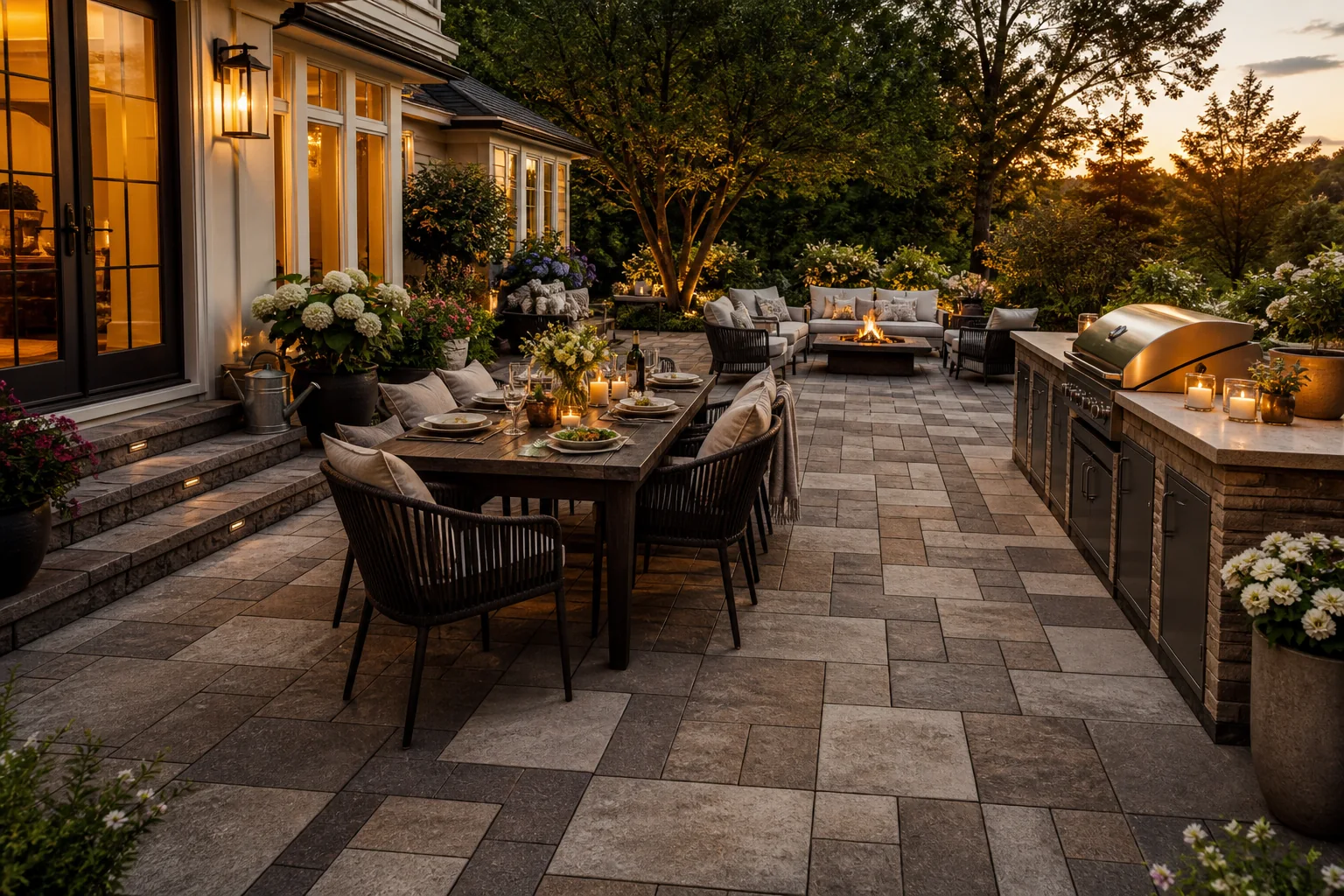 Luxury outdoor entertaining terrace with warm mocha pavers