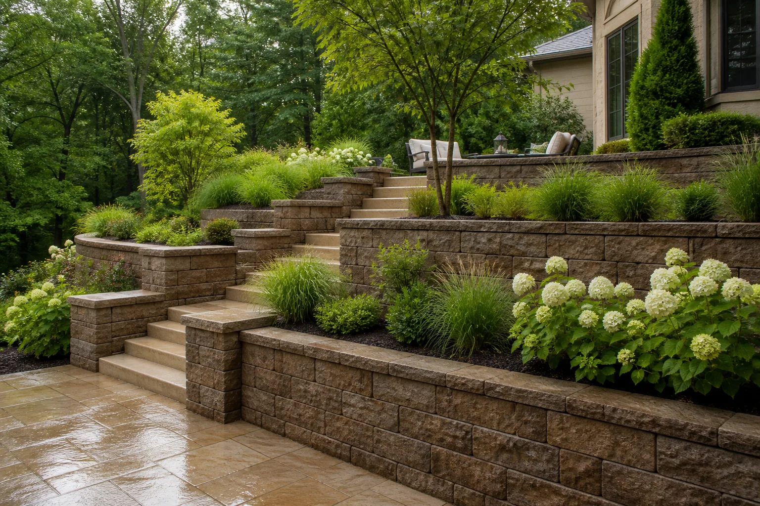 Terraced outdoor landscape with paving, retaining walls, steps, and planting