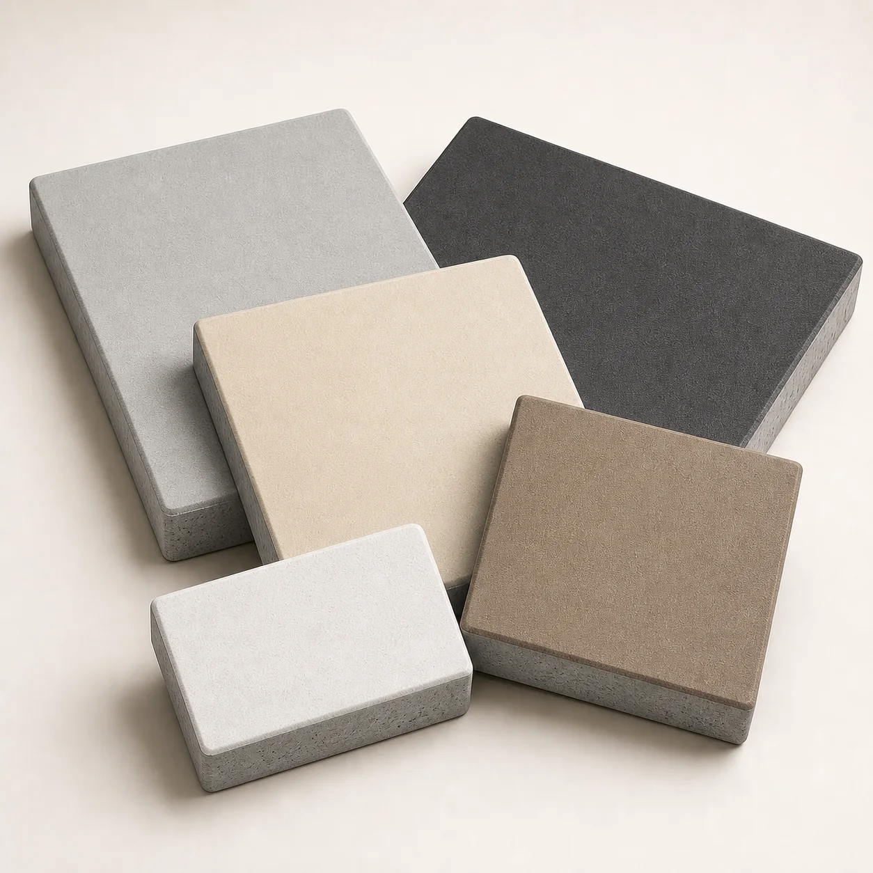 Arona-style modular pavers with snow-white, black, gray, ivory, and mocha faces over gray concrete bases