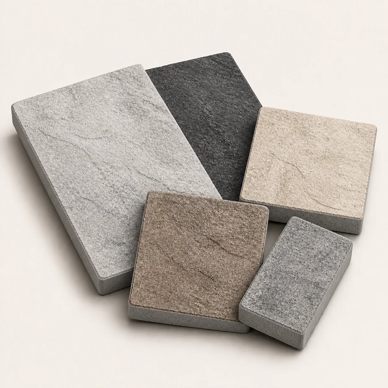 Arona Textured modular pavers with snow-white, black, gray, ivory, and mocha faces over gray bases