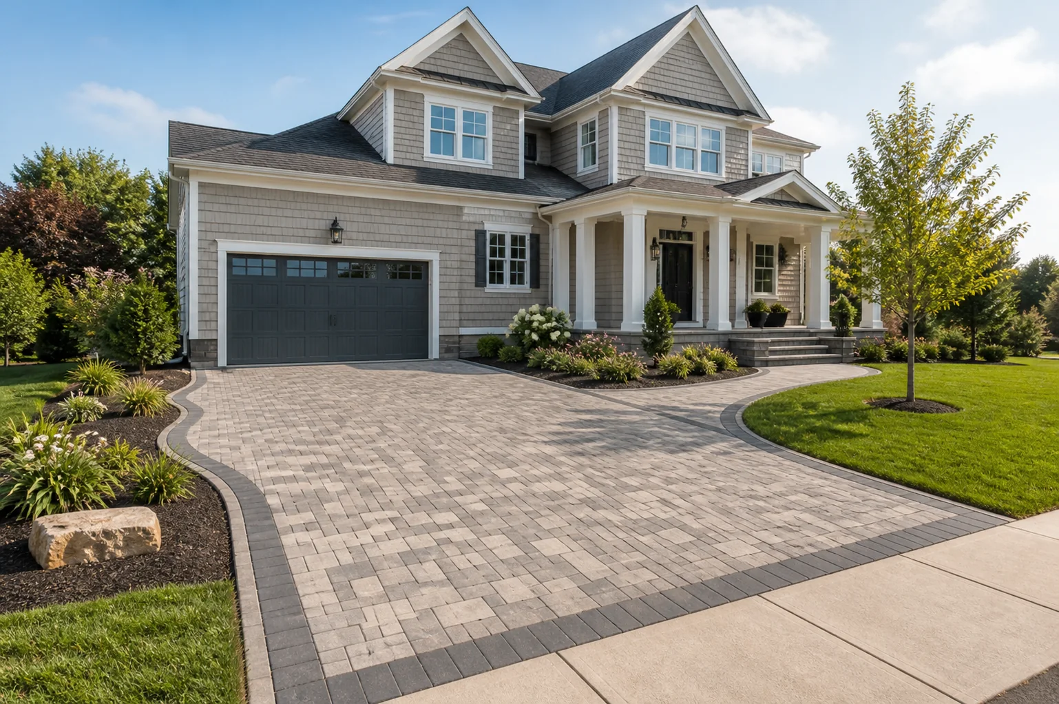 Refined residential driveway and landscaped entrance