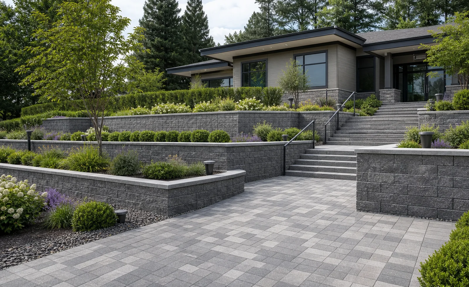 Large landscaped retaining wall installation
